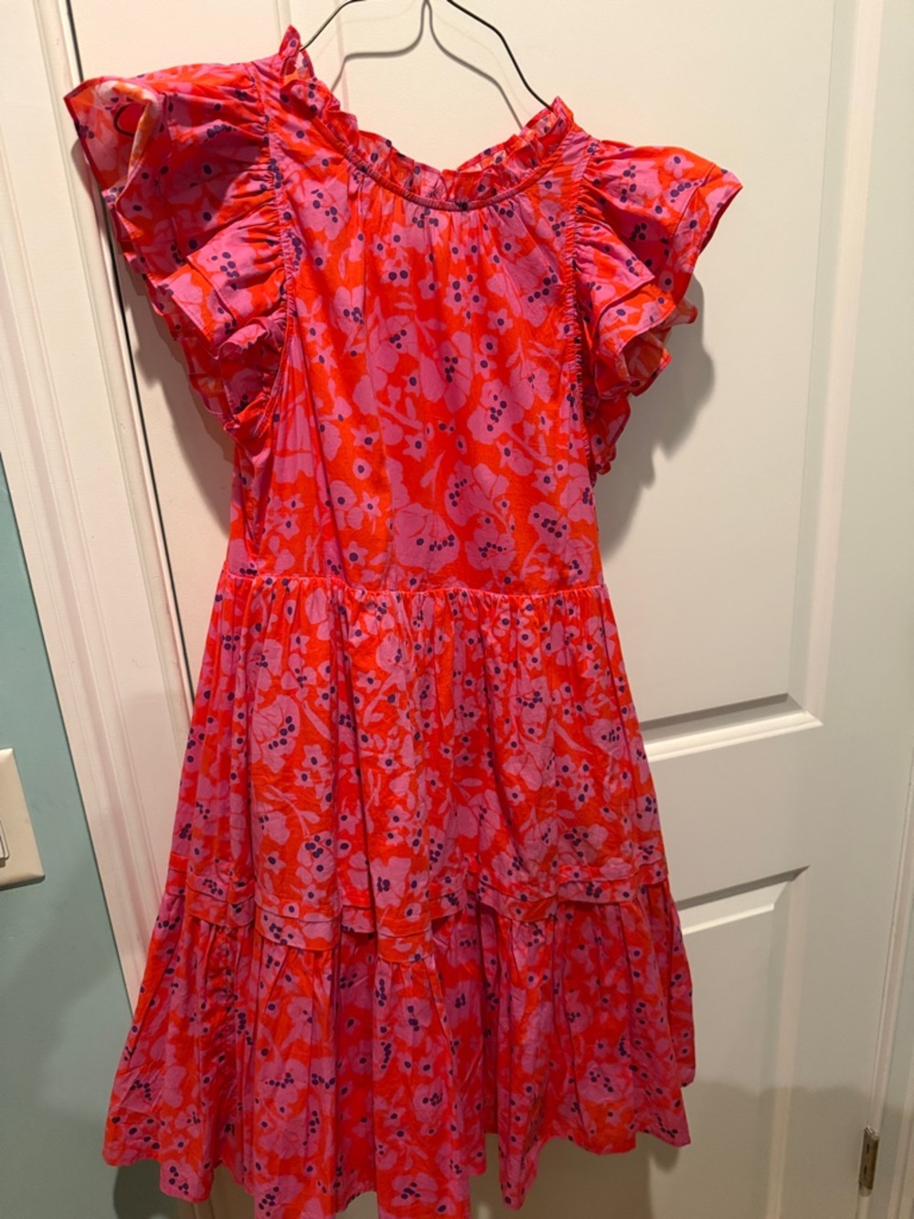 Girls' Floral Ruffle-Sleeve Casual Dress in Pink and Red